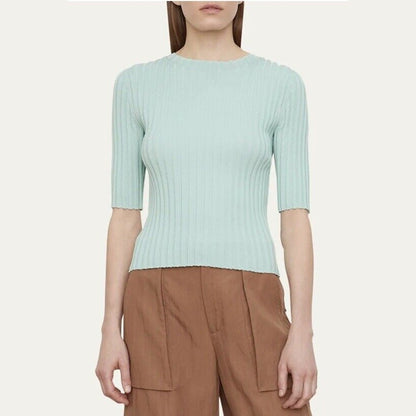 Vince Women’s Wide Ribbed Elbow Sleeve Top Form Fit -Pale Mineral-Small-New $245