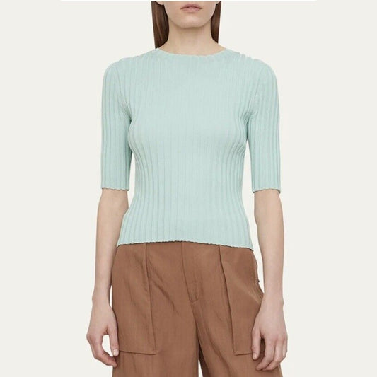 Vince Women’s Wide Ribbed Elbow Sleeve Top Form Fit -Pale Mineral-Small-New $245