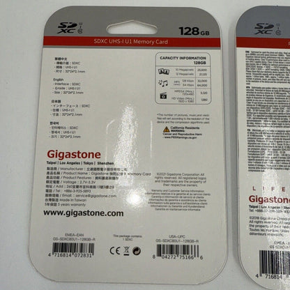 Lot Of 2 X Gigastone 128GB SD Card Class 10 SDXC Memory Card High Speed Video