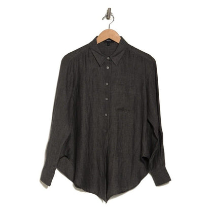 $375 Theory Women’s Hekanina Tie-Front Drape Hemp Shirt-Pewter-Medium-New Tag