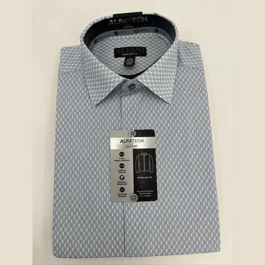 Alfani Men’s Regular Fit Cotton Button Up Long Sleeve Shirt-Blue/White-14-14.5-S