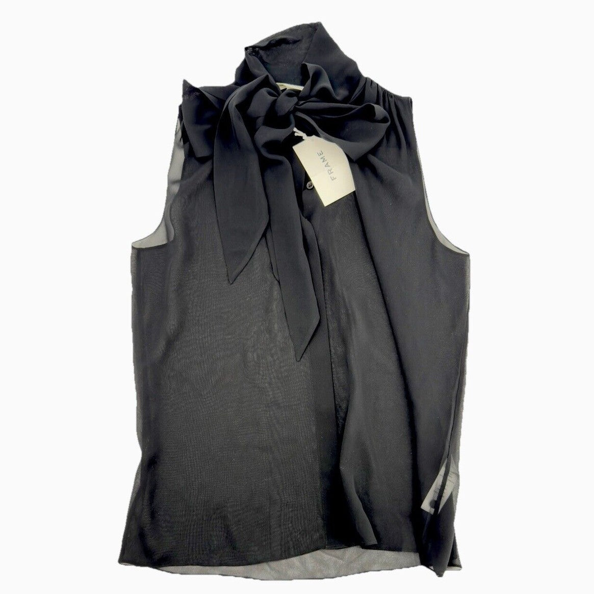 $378 Frame Women's Silk Sleeveless Bow Blouse Top Shirt- Black- Medium