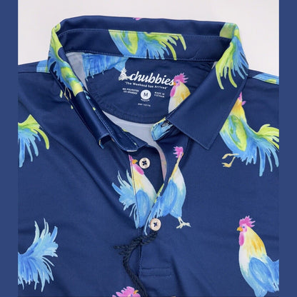 $60 Chubbies Men's The Fowl Play Performance Polo Shirt-Blue Cock-Medium-New Tag