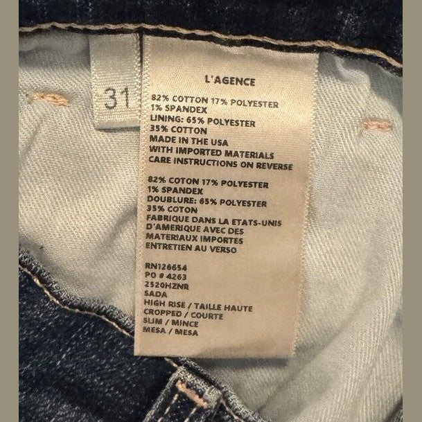$287   L’agence Paris -Women’s Sada- High Rise  Cropped Slim - Mesa- Size 31