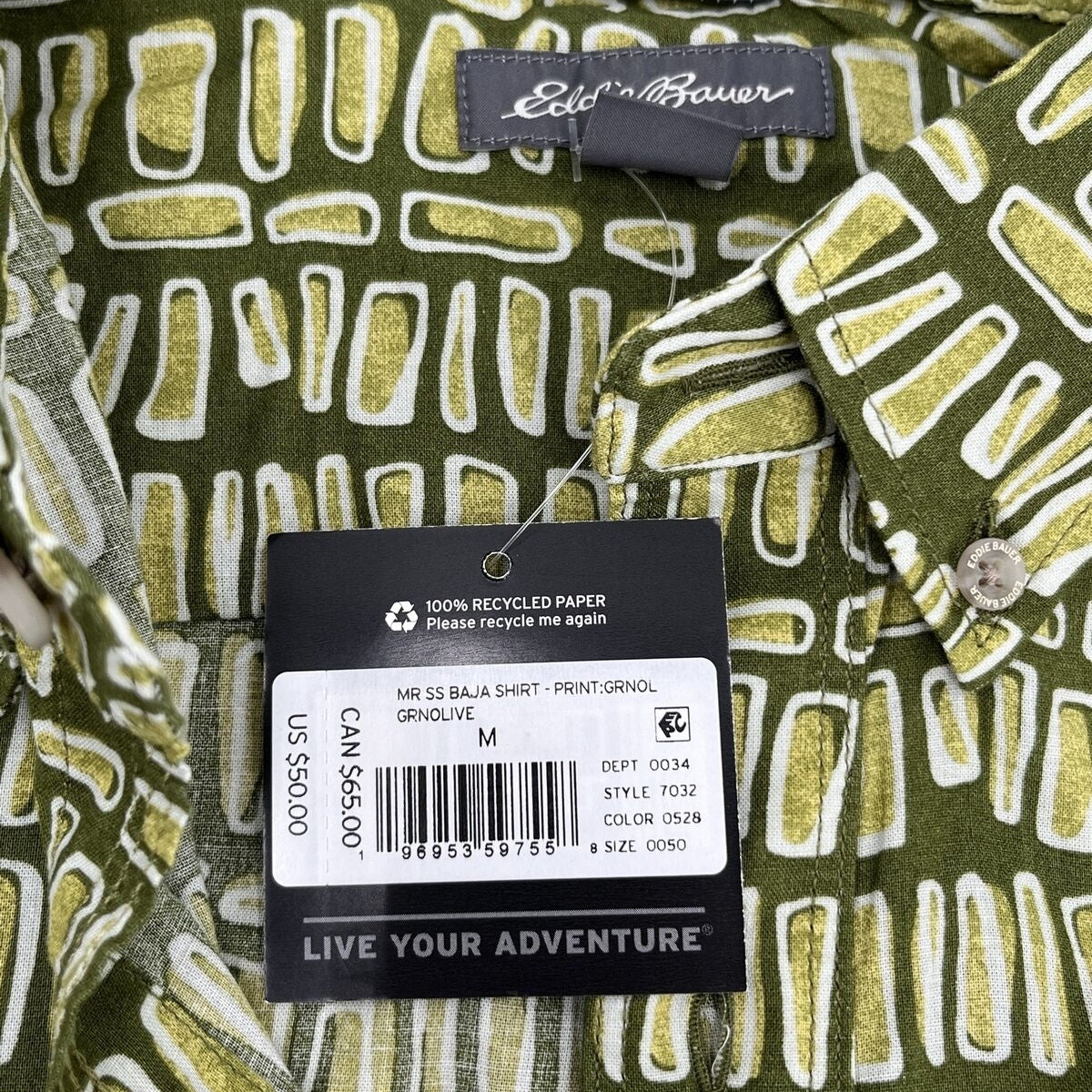 Eddie Bauer Men's Baja Print Camping Short Sleeve Shirt-Olive Green-Medium-New