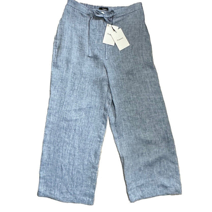 $275 Theory Women’s Wide Leg Cropped Chambray Drape Hemp Pants-Blue-Size: 8  New