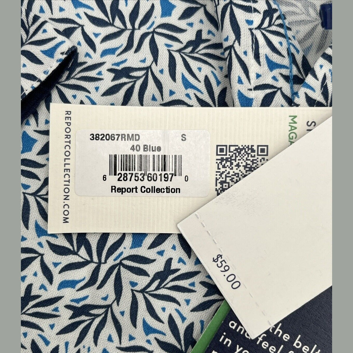 $59 Report Collection Men’s Tropical Print Short Sleeve Button Down-Blue-Small
