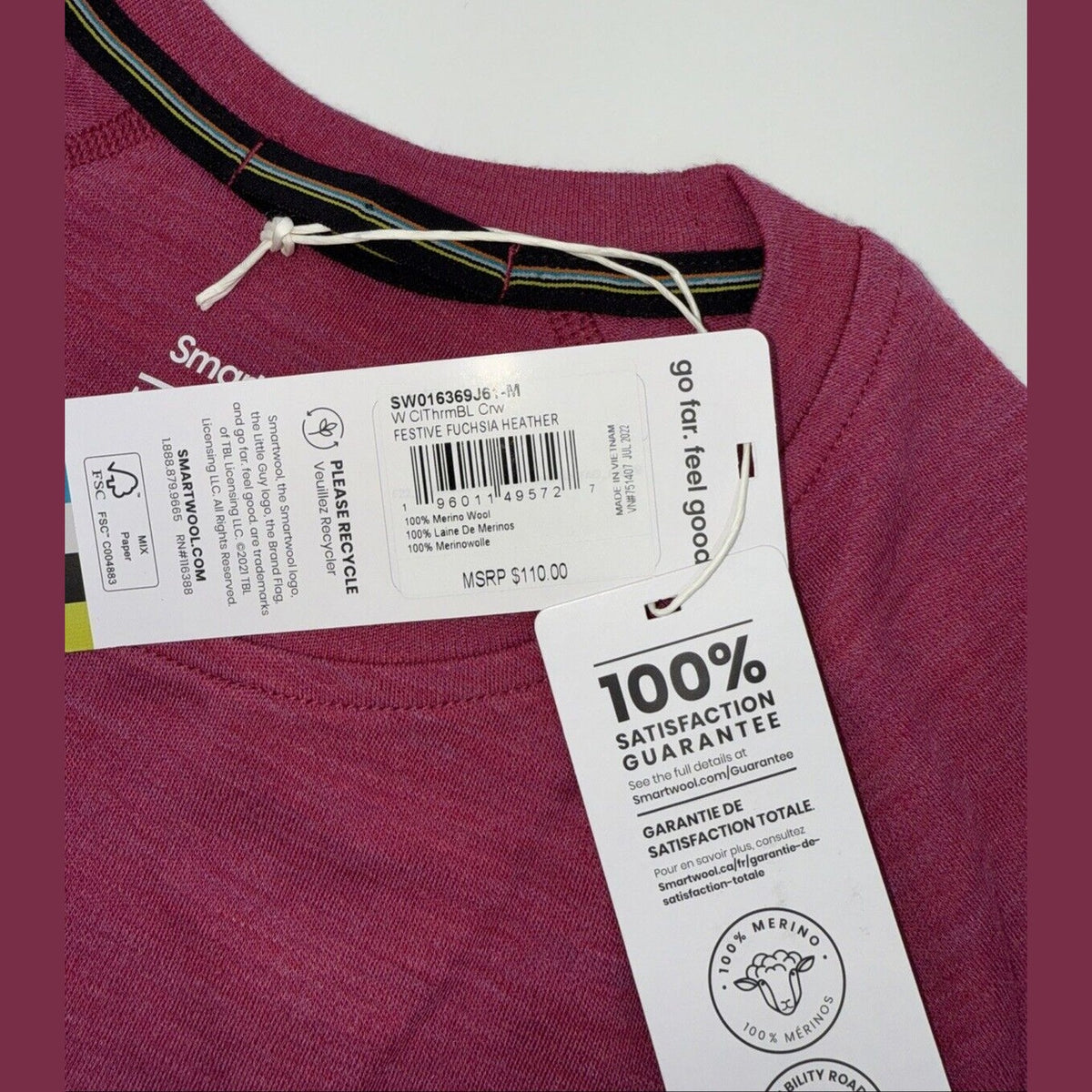 $110 Smartwool Women’s Merino Base Layer Top Long Sleeve-Festive Fuchsia-Medium