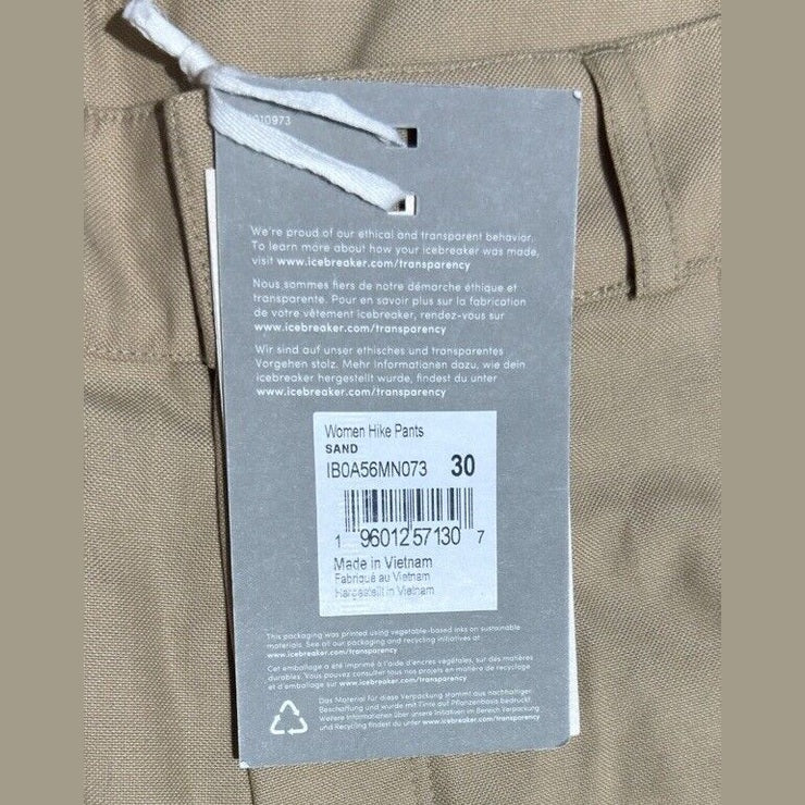 $240 Icebreaker Women’s Hike Pants Cargo Zip- Sand- Size 30w