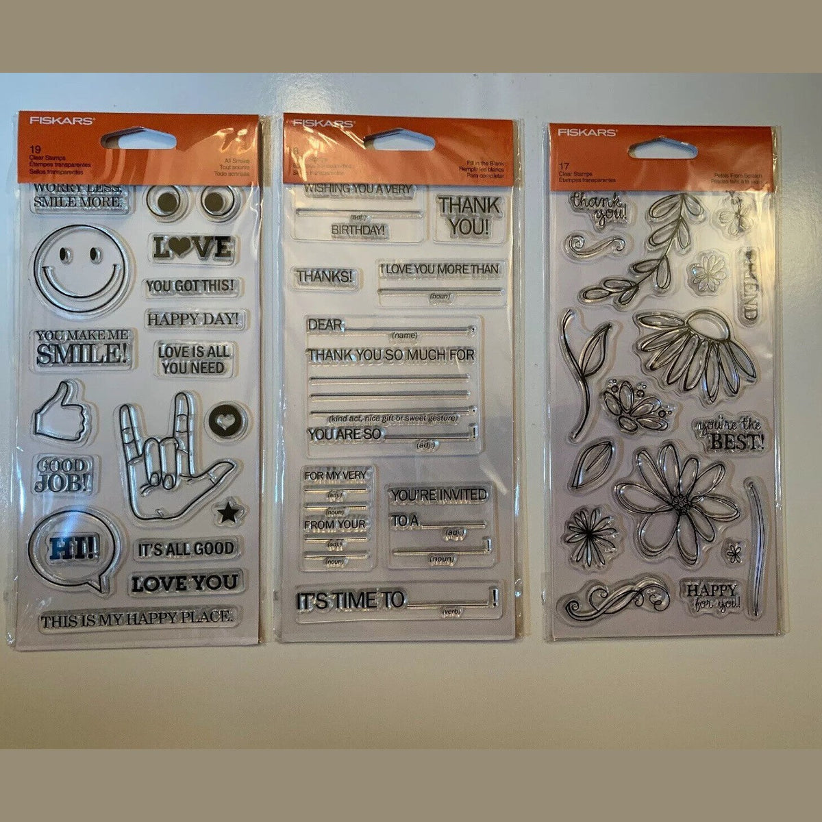 Lot Of 3 Fiskars Clear Stamps 4"X8" - All Smiles, Fill In The Blank, Petals