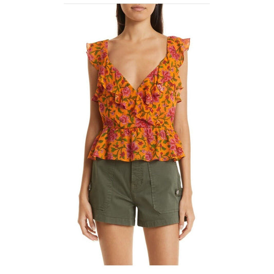 Veronica Beard Randa Floral Surplice Silk Top- Orange Floral-Size: 8 - Tags $378
