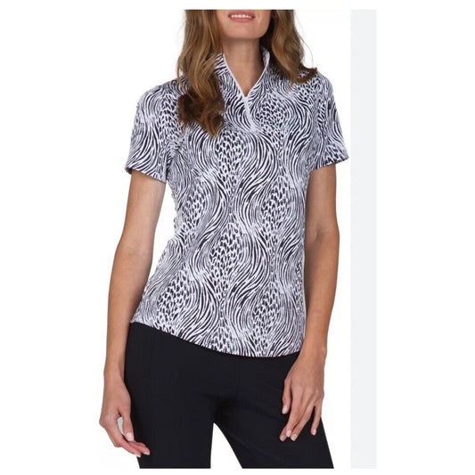 $95 IBKUL Women’s Zip Mock Neck Short Sleeve- Alena Black/White-XSmall-New Tag