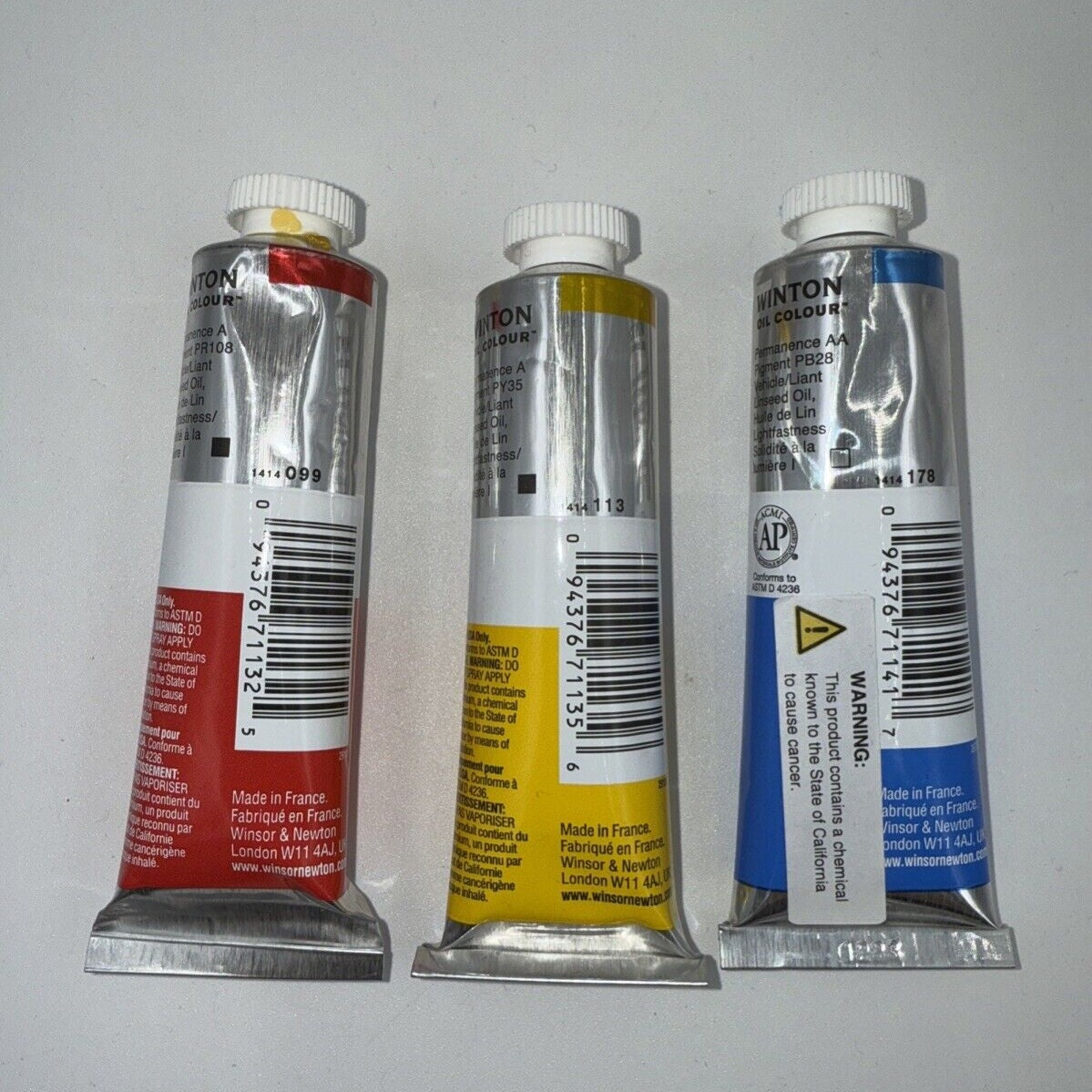 Combo Of 3 Winsor and Newton Winton Oil Colour 1.25 oz. Cadmium Red,Yellow,Blue