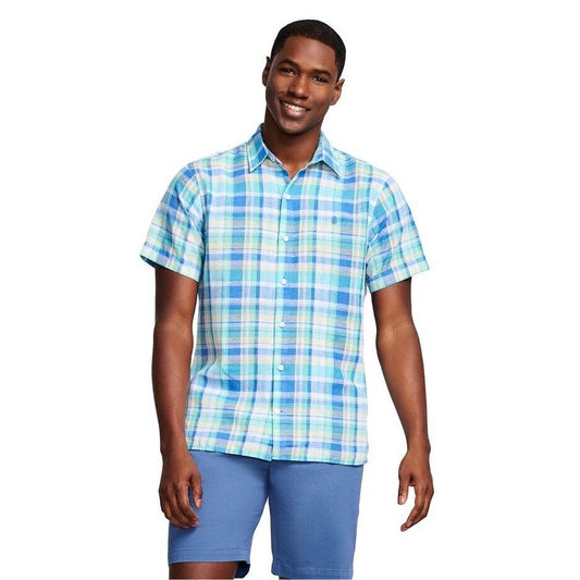 $50 Izod Men’s Linen Blend Madras SS Button Up Shirt-Florida Keys Plaid-Small