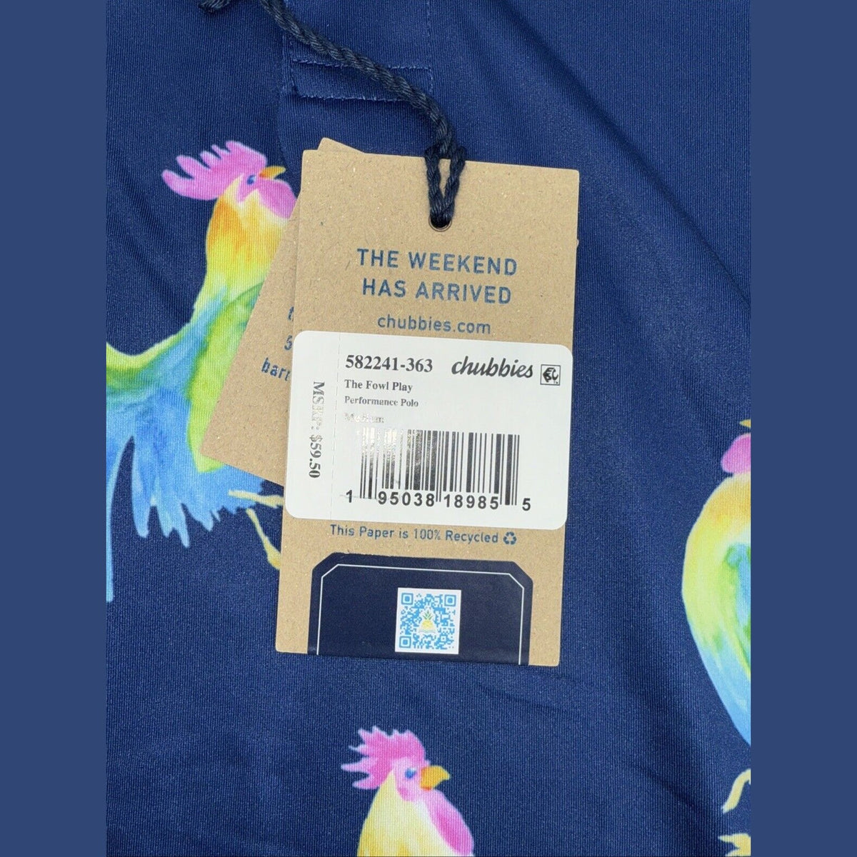 $60 Chubbies Men's The Fowl Play Performance Polo Shirt-Blue Cock-Medium-New Tag