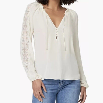Paige Women’s Patina Silk Blouse Top Shirt With Lace - Antique White- XLarge