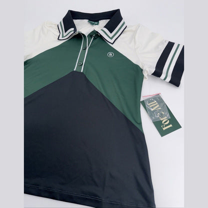 $120 Fore All Women's Betty Golf V-Neck Polo Top-Green/White/Black - Large- NEW