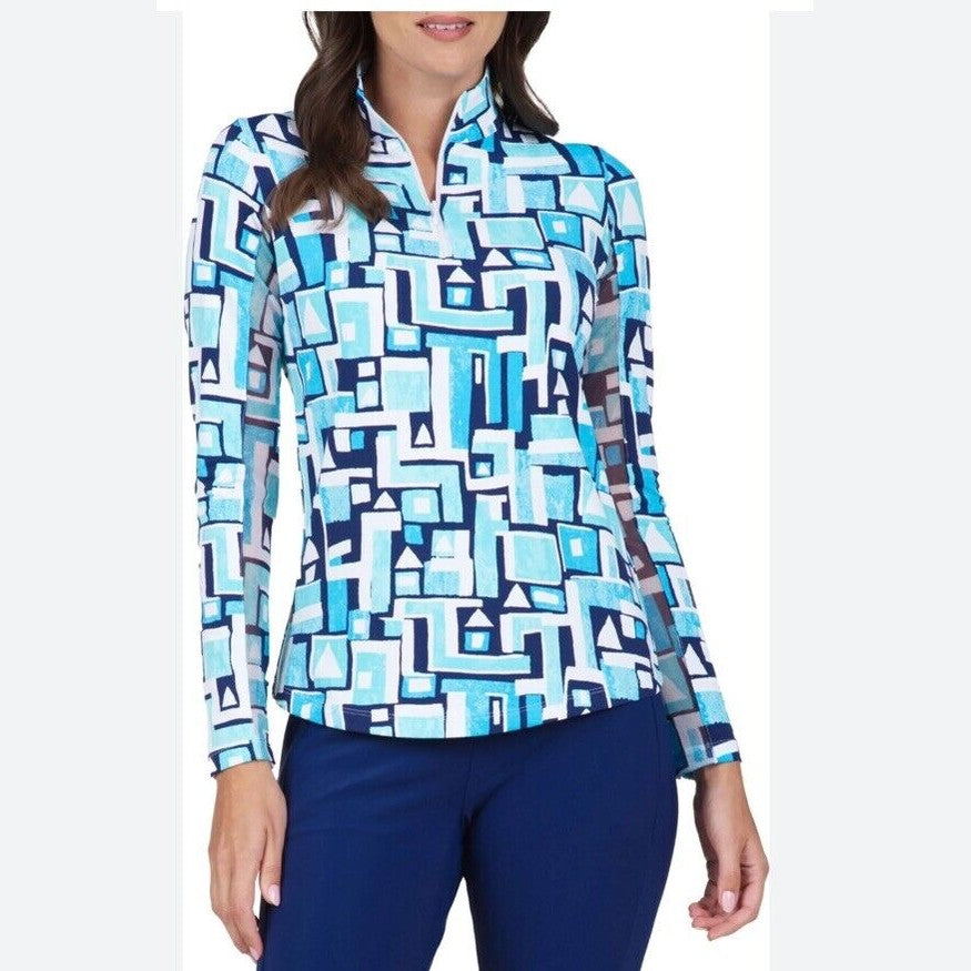 $100 Ibkul Women’s Long Sleeve Zip Mock Neck Top-Jennifer Turquoise -Small -New
