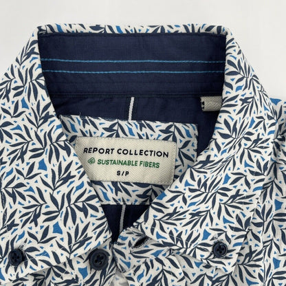 $59 Report Collection Men’s Tropical Print Short Sleeve Button Down-Blue-Small