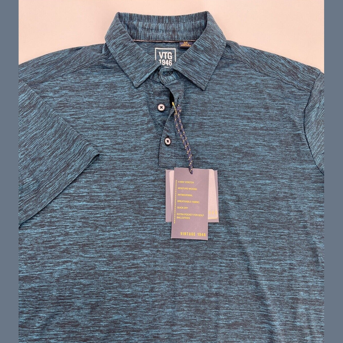 Vintage 1946 Men’s Micro Performance Textured Polo Shirt-Turquoise-Large -New