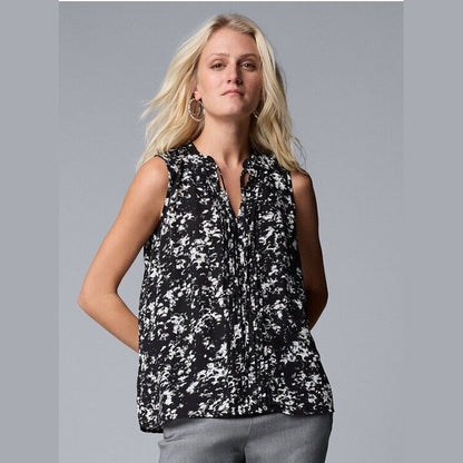 $35 Simply Vera Tie Front Pin-tuck sleeveless Top-Textured Black-Medium-New Tag