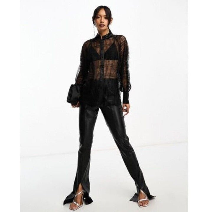 $269 ALLSAINTS "Oana" Black Sheer Lace Relaxed Button Up Shirt Blouse-Sz 4- NWT