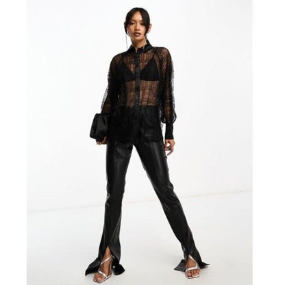 $269 ALLSAINTS "Oana" Black Sheer Lace Relaxed Button Up Shirt Blouse-Sz 4- NWT