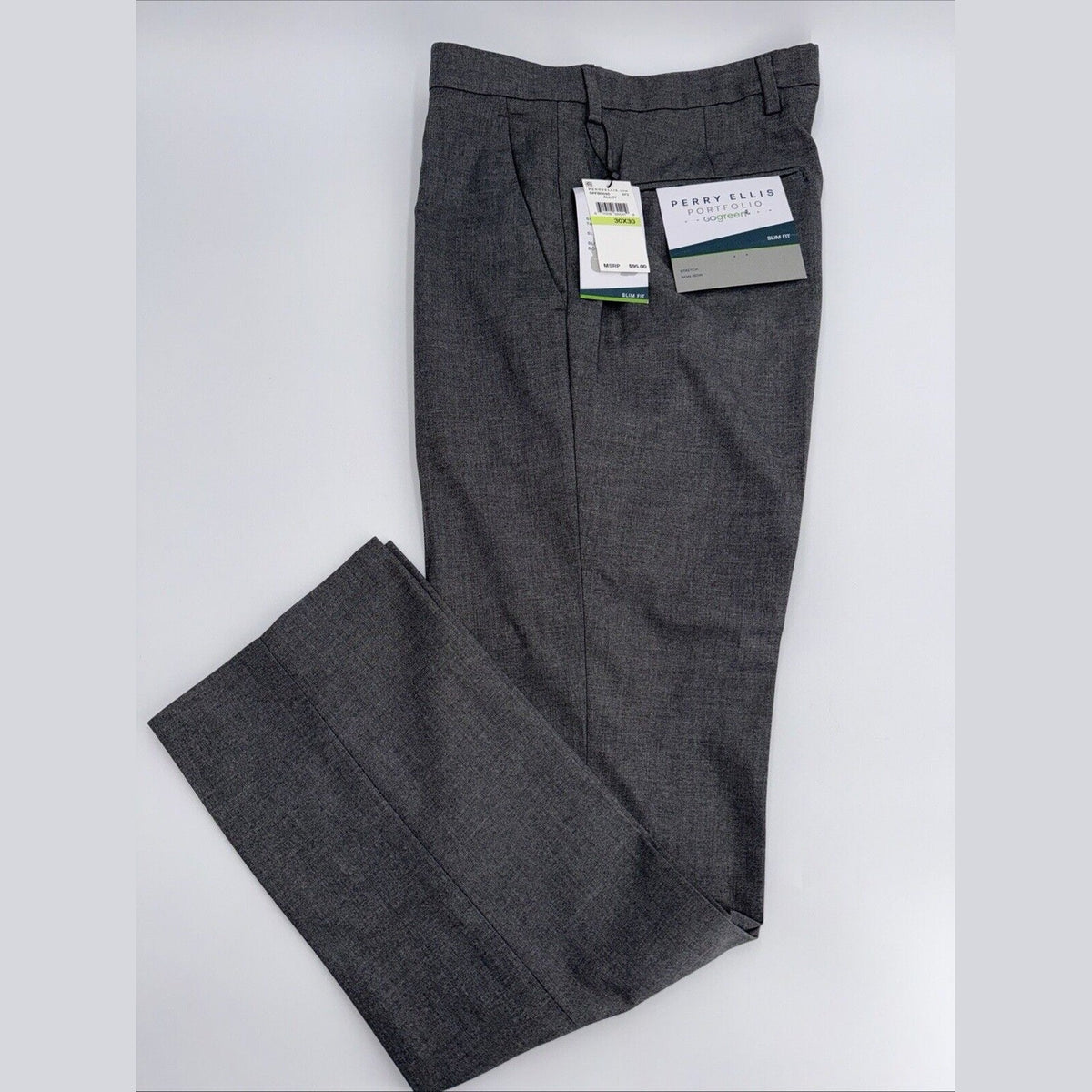 $95 Perry Ellis Men's Slim-Fit Flat Front Dress Pants - Alloy Grey-30W 30L-New