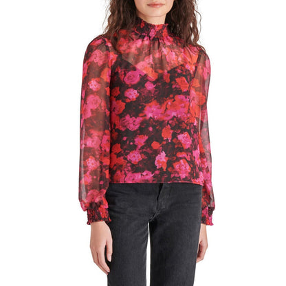 Steve Madden Women’s Floral Mock Neck Chiffon Top-Multi Pink-Small -NWT $69