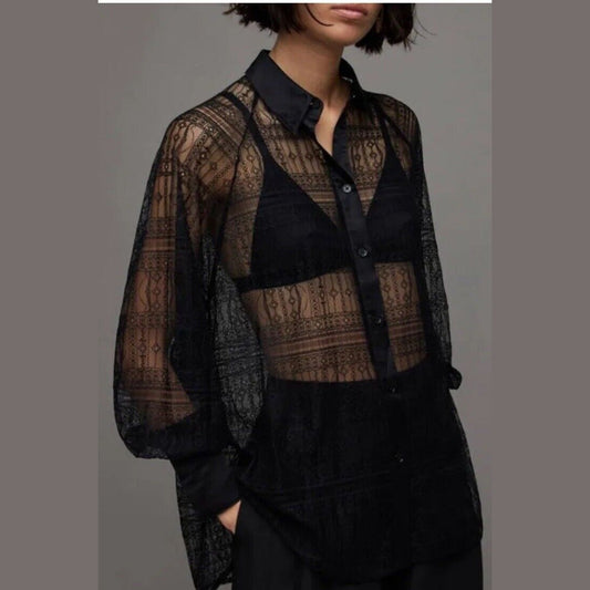 $269 ALLSAINTS "Oana" Black Sheer Lace Relaxed Button Up Shirt Blouse-Sz 4- NWT