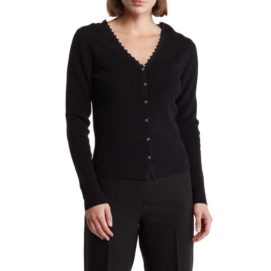 $395- Vince Women’s Crocheted Trim Linen-Blend Cardigan -Black- Large-New Tag