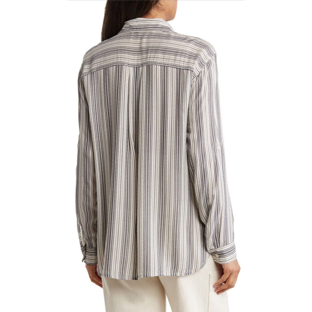Max Studio Women’s Collard Stripes Blouse Long Sleeve-Black/White-Medium-New $98