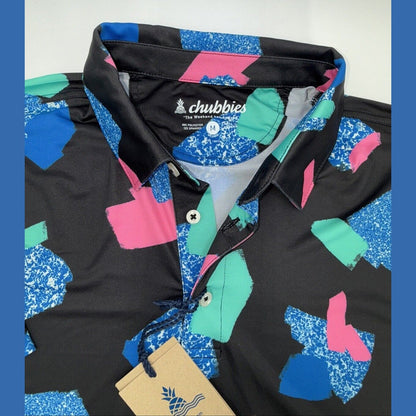 Chubbies Men's The Abs Tract  Performance Polo Shirt- Black Multi- Large -New
