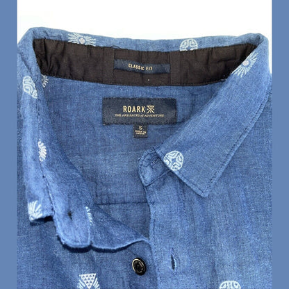 $75 Roark Men’s Journey Sunburst Button S/S Shirt-Dobby Indigo-Small-New Tag