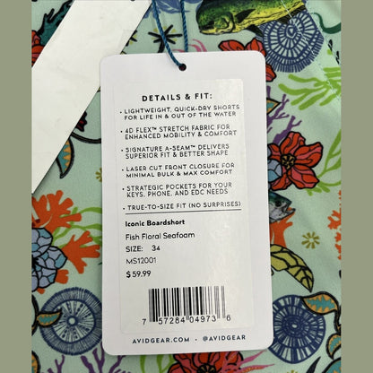 $60 Avid Men’s Gear Trunks Board Shorts-Fish Floral Sea-foam Iconic-Size: 34-New
