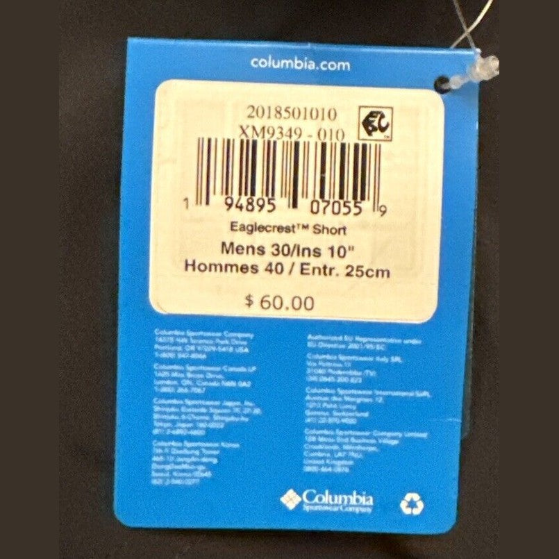 Columbia Men’s Eaglecrest 10" Shorts Omni Shade Regular Fit - Black - 30W- New