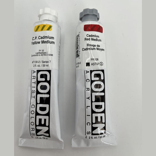 Lot 2-GOLDEN Artist C.P Cadmium Red Medium,Yellow Med,Ser. 9 Acrylic Paint 2 oz