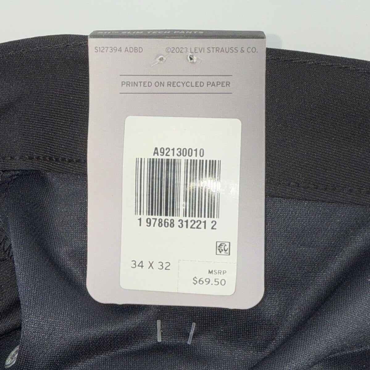 $70 Levi's Men's 511 Slim Tech Pants Stretch A92130010- Black- 34W 32L - New Tag