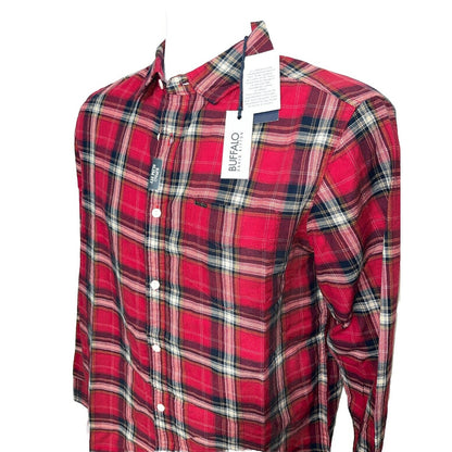 $79 Buffalo David Bitton Men’s Satwil Plaid Long Sleeve Shirt- Cranberry-Small
