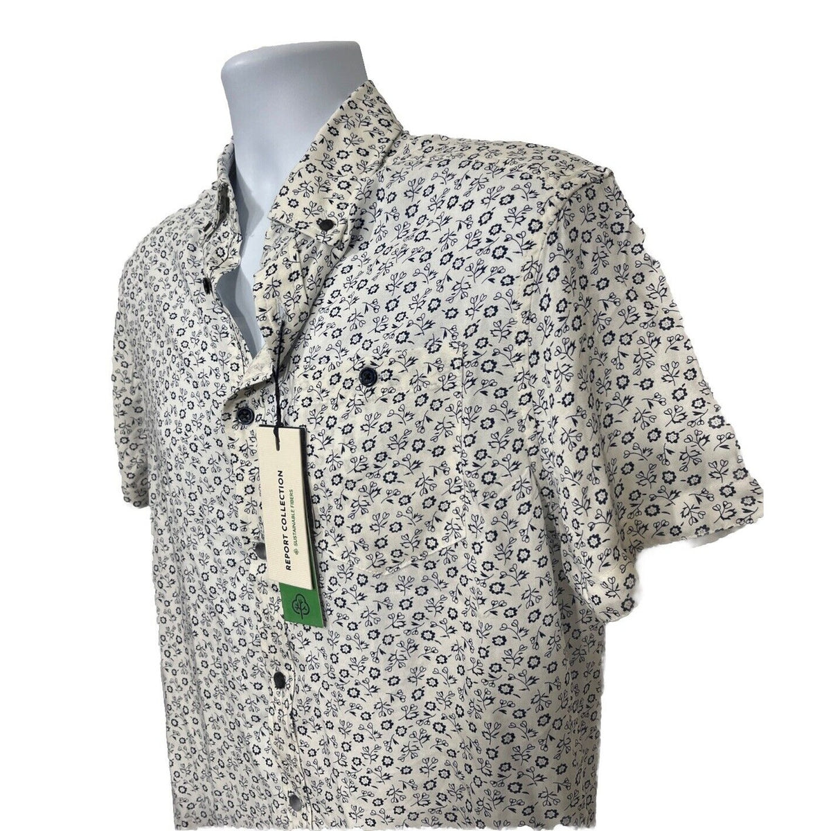 $59 Report Collection Men’s Tropical Print Short Sleeve Button Down-Navy-Small