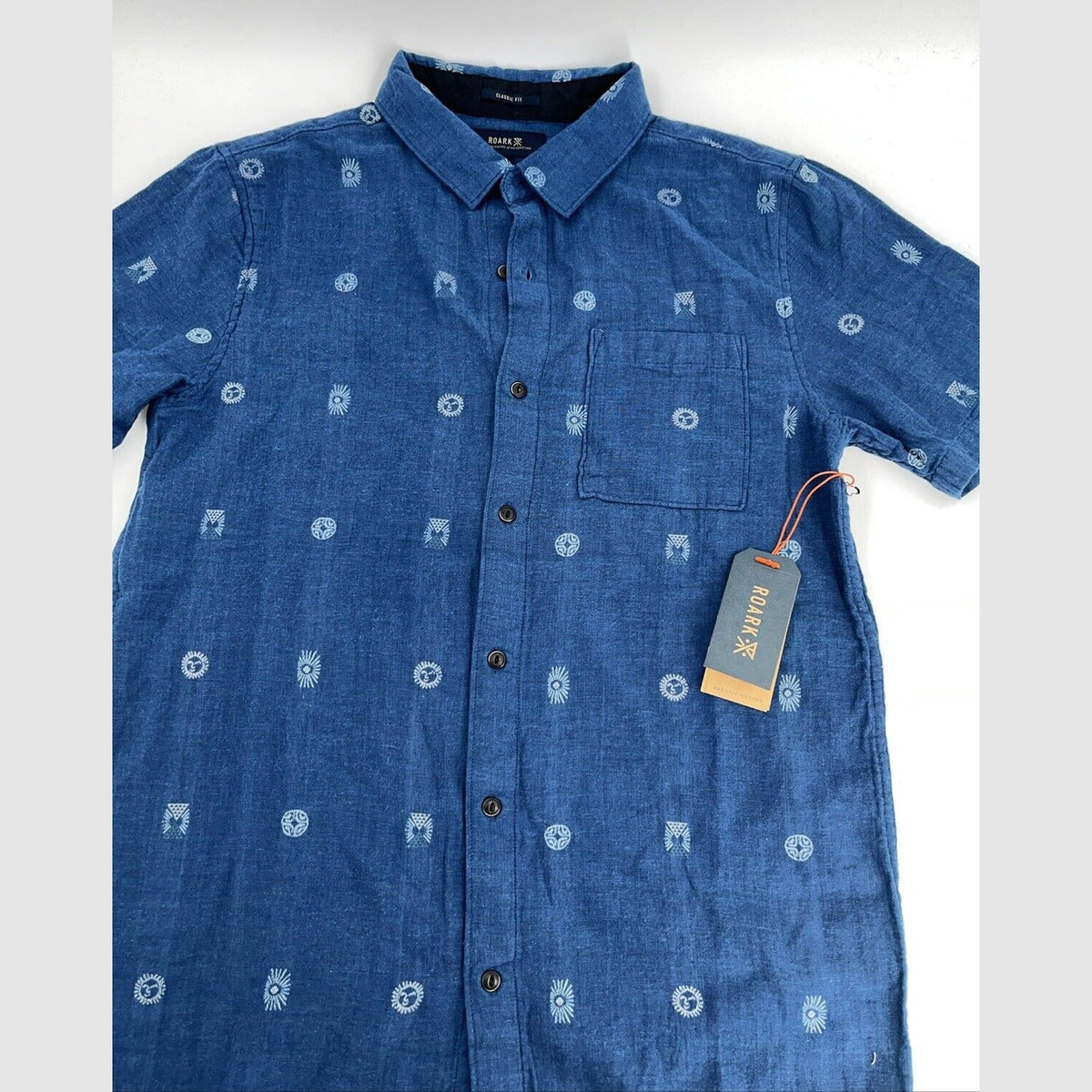 $75 Roark Men’s Journey Sunburst Button S/S Shirt-Dobby Indigo-Small-New Tag