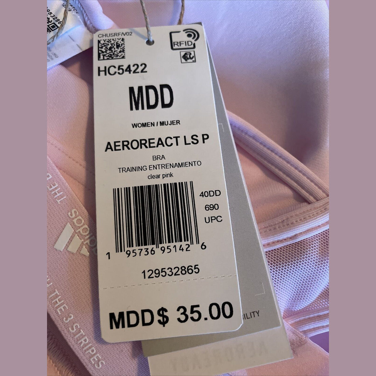 Adidas Aeroreact Training Light-Support Padded Bra- Clear Pink- MDD - New$35
