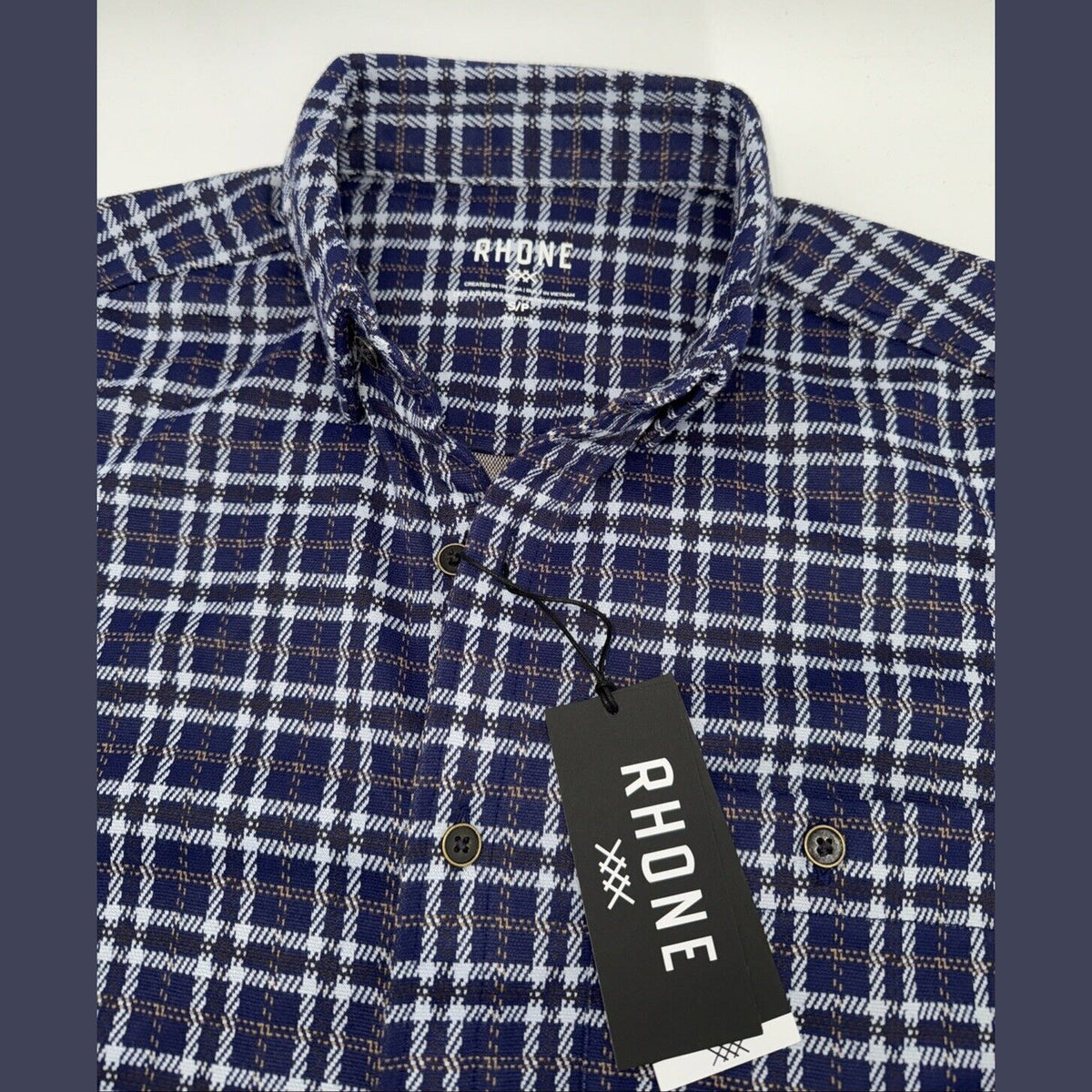 $158 Rhone Men’s Hardy Flannel Shirt Stretch- Blue White Plaids- Small -NEW Tag