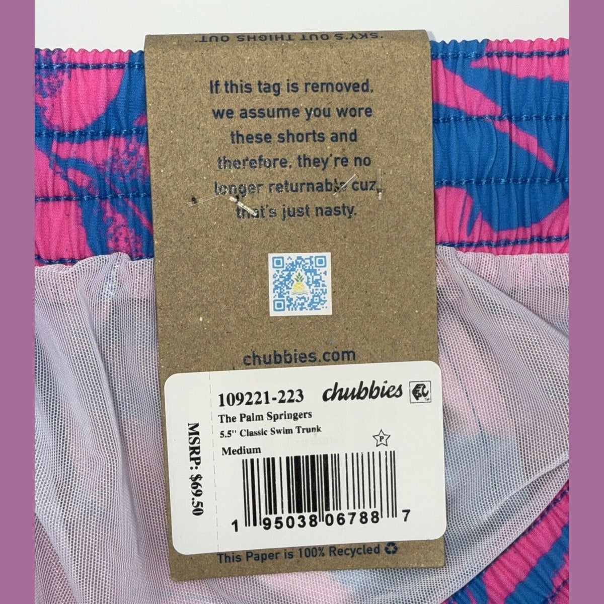 $70 Chubbies The Palm Springers 5.5" Inseam Swim Trunks-Pink/Blue-Medium-New Tag