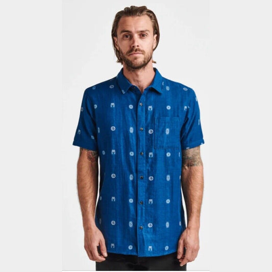 $75 Roark Men’s Journey Sunburst Button S/S Shirt-Dobby Indigo-Small-New Tag