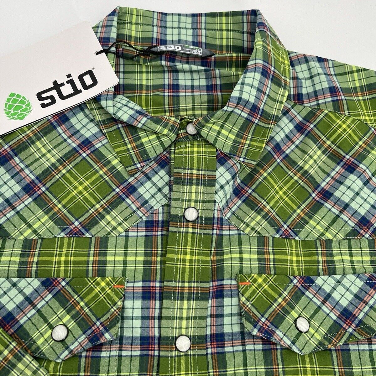 $120 Stio Men’s Eddy Shirt Long Sleeve Pearl Snap-Fresh Lichen Plaid -Small-New