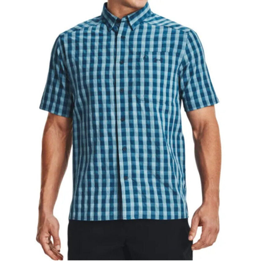 Under Armour Men's DRIFT TIDE 2.0 Slim Plaid Short Sleeve Shirt-Deep Blue-Small