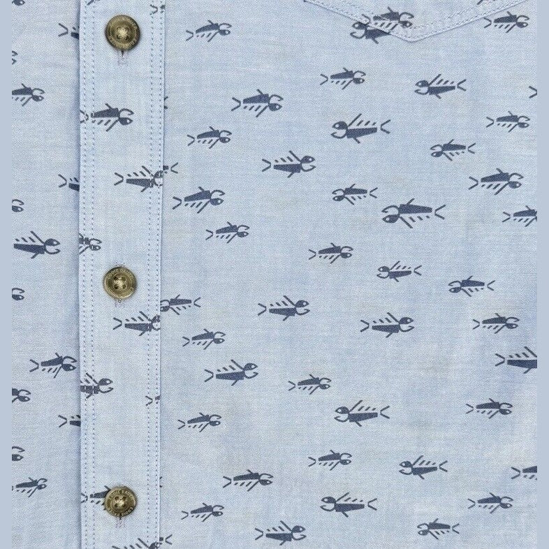 $50 Eddie Bauer Men's Baja Print Camping Short Sleeve Shirt-Chambray -Medium-New