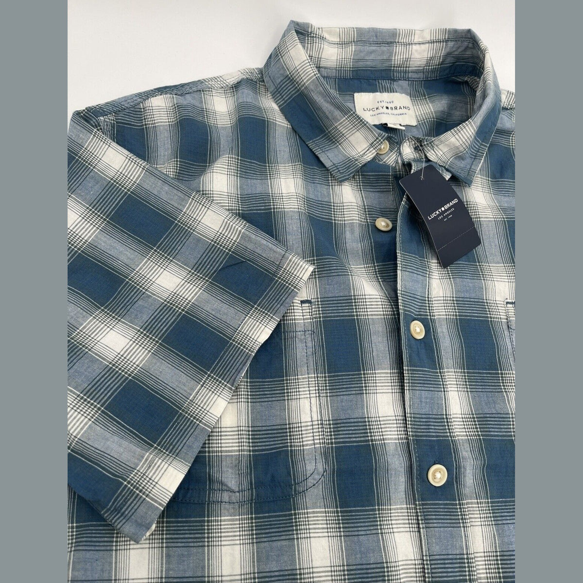 $70 Lucky Brand Men’s Cotton Blend  Mason S/S Shirt Plaid-Blue-Large -New Tag