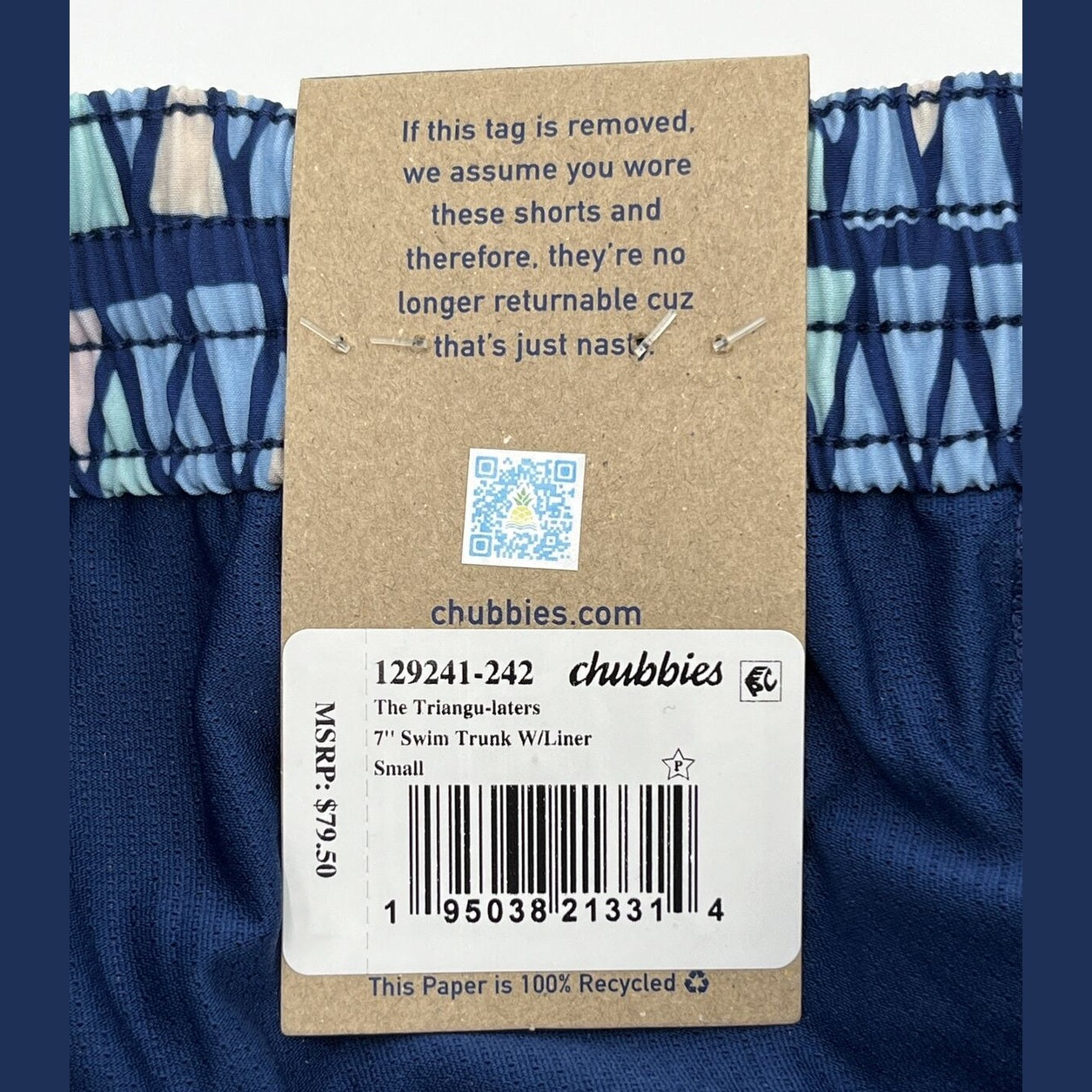 Chubbies Men's Stretch Swim Trunks 7”- The Triangu laters-Blue- Small -New $80